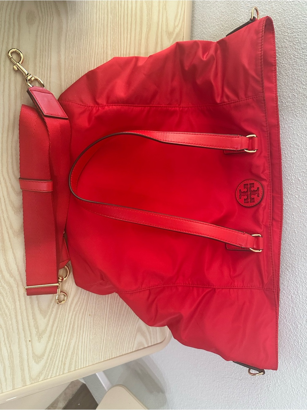 Tory Burch Bright Red Nylon Tote with Gold Hardware